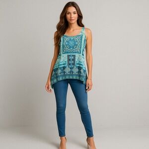 Y2K Dressbarn Top Womens L Blue Green Floral Damask Tank Relaxed Flowy Fairy